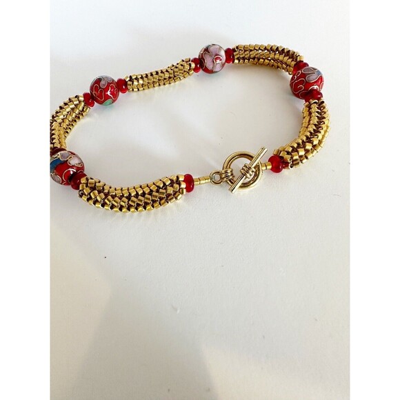 Vintage Red CLOISONNE Bead Toggle Bracelet Gold Seed Beads - Picture 2 of 4